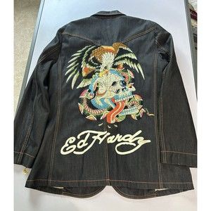 Ed Hardy by Christian Audigier Embroidered Jean Jacket Denim Blazer Mens 2XL EUC